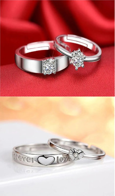 Ruhi Collection Valentine Special Cubic Zirconia Silver Plated AD Adjustable Fancy Couple Ring Stainless Steel Cubic Zirconia Silver Plated Ring