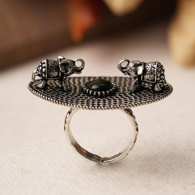 Sanseeta Gajendra- Silver oxidised ring(Black) Brass Zircon Silver Plated Ring