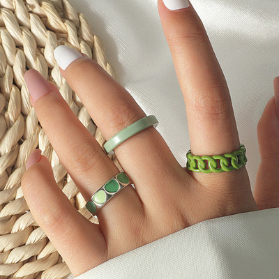 Arzonai green love dripping acrylic twist open ring personality wild index finger ring Metal Ring Set