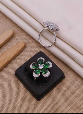 Parmeshwar Elegant Green Floral Adjustable Finger Ring for Women Alloy Cubic Zirconia Silver Plated Ring