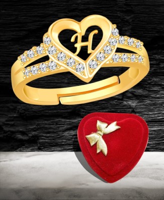 Heer Collection Heart Alphabet 'H' Valentine Ring Promise Propose Engagement Wedding Anniversary Brass Cubic Zirconia Gold Plated Ring