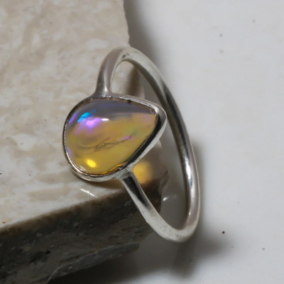 Silver Aura Creations Yellow Fire Opal Teardrop Ring in Sterling Silver – Handmade by Aura Creations Sterling Silver Opal Ring