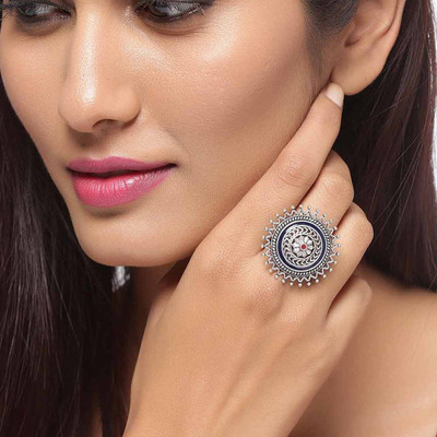 Voylla Mandala Spokes Finger Ring Brass Silver Plated Ring