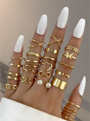 GlanzReich Women’s Stylish Gold Plated Ring Set – Adjustable Fashion Finger Rings Brass Ring Set