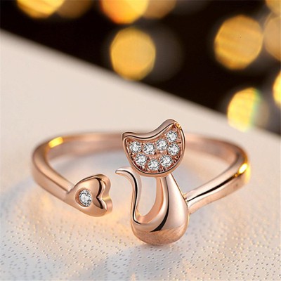 MYKI Adorable Cat Cubic Zircon Rosegold Adjustable Ring For Women & Girls Stainless Steel Swarovski Zirconia 24K Rose Gold Plated Ring