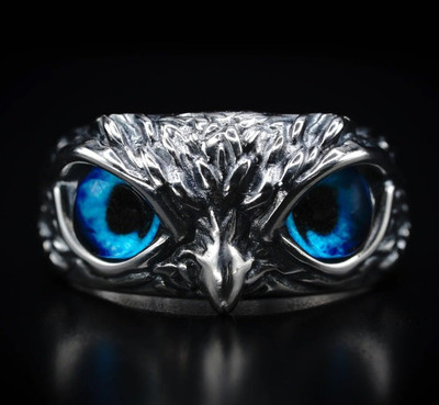 vs unique collections Crystal Glasses Blue Demon Eyes Owl/Ullu Bird Face Design Thumb Finger Ring Stainless Steel Silver Plated Ring