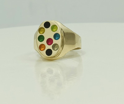 R G MART Ashtadhatu 9 Stone Jadit Brass Gold Plated Ring