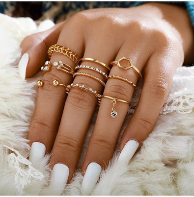 Vembley Eight Pcs Crystal Drop Heart Multi Design Ring Set For Women & Girls Alloy Gold Plated Ring Set