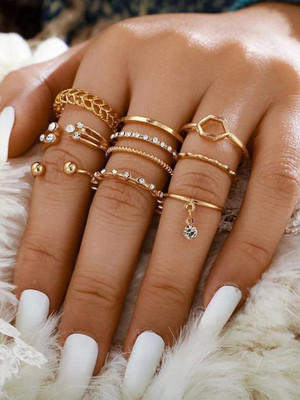 Vembley Seven Piece White Crystal Drop Heart Multi Designs Alloy Gold Plated Ring Set