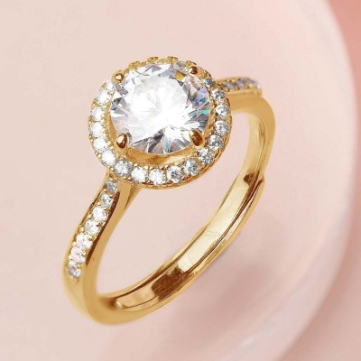 ZAVYA Golden Aura Solitaire Halo 925 Sterling Silver Cubic Zirconia Gold Plated Ring