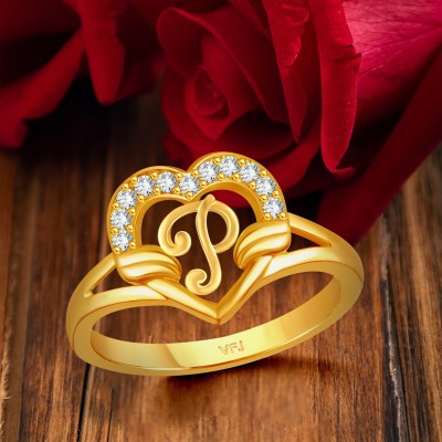 VIGHNAHARTA Valentine cluster'' P '' with heart ring alphabet cluster for women and Girls Brass Cubic Zirconia Gold Plated Ring
