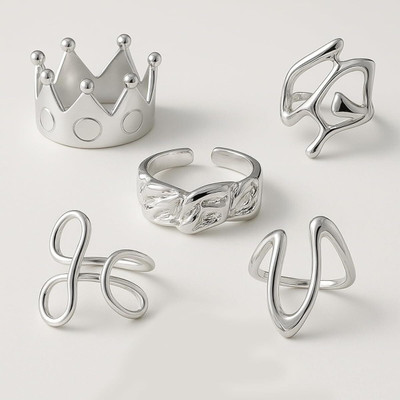 Bawree Stainless Steel (5Pcs) Finger Ring Crown Wavy Twist Curve Pattern Rings Alloy Crystal Silver Plated Ring