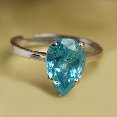 CLARA Sky Blue Tear Adjustable Ring Sterling Silver Cubic Zirconia Rhodium Plated Ring