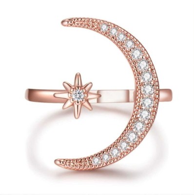 Ruhi Collection Crescent Moon & Star Adjustable Rose Gold Ring Stainless Steel Cubic Zirconia Copper Plated Ring