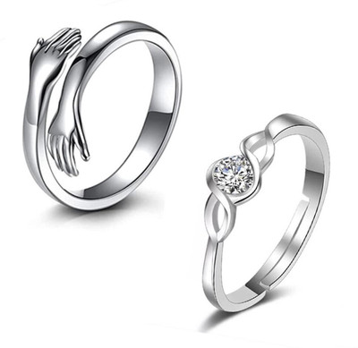 Vientiq Special Couple Ring Set for Special day Stainless Steel Crystal Silver Plated Ring Set