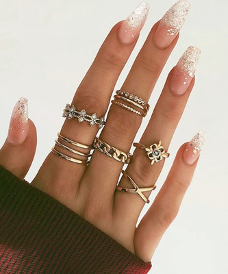 TheVineGirl 8 Pcs Crystal Good Luck Twist Cross Chain Ring Set For Ladies Alloy Gold Plated Ring Set