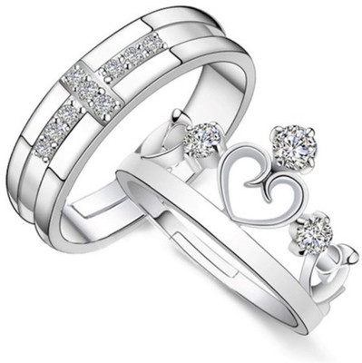 Inori AdjustableCoupleRingsComboLoversCrownEngravedKingQueenAmericandiamondValentine Stainless Steel, Brass, Stone, Metal, Copper Cubic Zirconia Silver, Rhodium Plated Ring Set