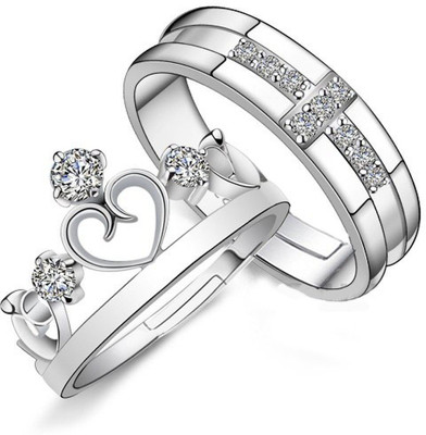 Inori AdjustableCoupleRingsComboLoversCrownEngravedKingQueenAmericandiamondValentine Stainless Steel, Brass, Stone, Metal, Copper Cubic Zirconia Silver, Rhodium Plated Ring Set
