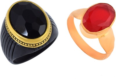 Morvi Black and Gold Plated Brass, Black and Red Stone Combo Finger Ring Brass Emerald Gold Plated Ring