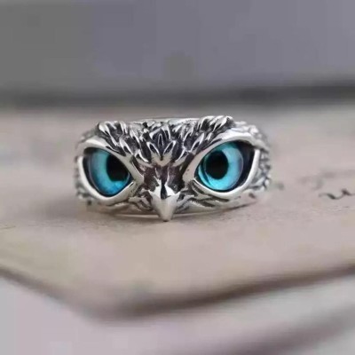 Karishma Kreations Adjustable Free Size Silver Stylish Owl Ring Blue Colour For Men and Women Brass, Stainless Steel, Copper, Brass Moonstone Rhodium, Silver, Titanium Plated Ring Set