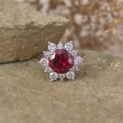 Ornate Jewels Pure 925 Sterling Silver Lab Created Ruby Red Flower Design Ring For Women| Sterling Silver Ruby Rhodium Plated Ring