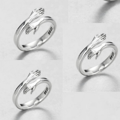 Deevora Silver Love Hug Ring Band Open Finger Fully Adjustable Jewellery New For Couples Stainless Steel Ring Set