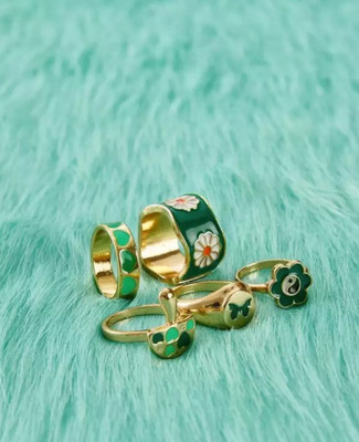 Vembley New 5 Pcs Green Flower Heart Butterfly Mushroom Ring Set For Women/Girls Alloy Gold Plated Ring Set