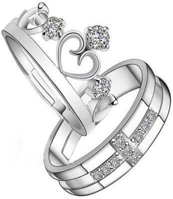 Vibeesle ADJUSTABLE SIVER PLATED COUPLE BAND RING Alloy Cubic Zirconia Silver, Rhodium Plated Ring Set