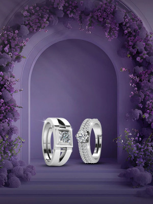Miss Highness Solitaire Design Couple Diamond Adjustable Rings Set – Gift for Women & Men, Sterling Silver Cubic Zirconia Rhodium Plated Ring Set