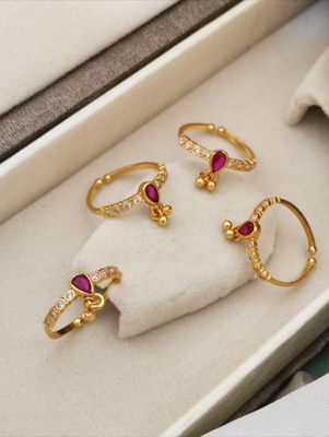 VIAANA CREATIONS Traditional Indian Toe Ring Set Stainless Steel Cubic Zirconia, Diamond Gold Plated Toe Ring Set