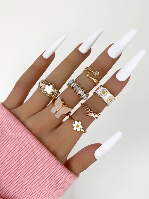 Shining Diva Latest Stylish Y2k Gen Z Chunky Finger Rings - Set of 7 Alloy Crystal Gold Plated Ring