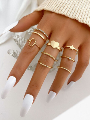 Dressberry Gold Plated 8 Piece Star Heart Cross Chain Ring Set Alloy Cubic Zirconia Gold Plated Ring Set