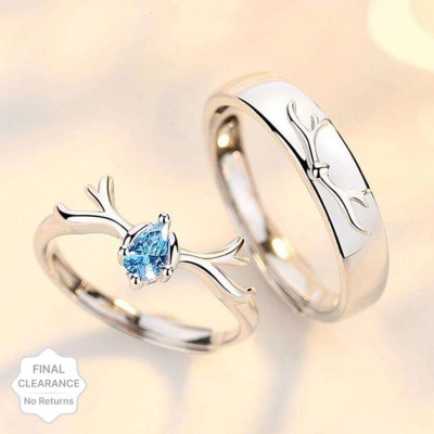 Animated Blue Stone Deer Design Valentine Gift Couple Ring for lovers Brass, Alloy, Stainless Steel, Steel, Copper Cubic Zirconia, Crystal Rhodium, Silver, Sterling Silver Plated Ring Set