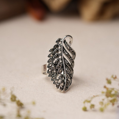 Sanseeta Ragini- Silver oxidised ring Brass Zircon Silver Plated Ring