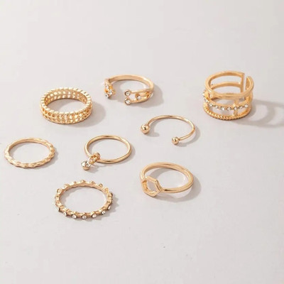 Vembley 8 Pcs Multi Designs Moon Star Ring Set For Women And Girls Alloy Cubic Zirconia Gold Plated Ring Set