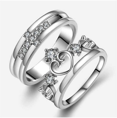Inori Silver Plated Adjustable King Crown Queen Couple Finger Ring Alloy Silver Plated Ring Set