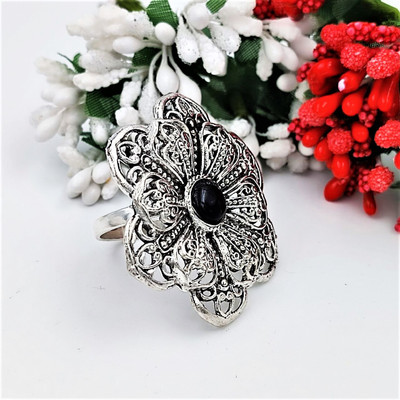 Yash Jewels Emporium Silver Plated Adjustable Oxidized Brass Ring For Women And Girls Brass Silver Plated Ring