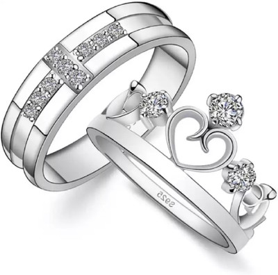 Ruhi Collection Crystal Heart Crown & Cross Design Adjustable Couple Rings Alloy Cubic Zirconia Silver Plated Ring