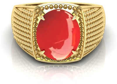 Pranjal Gems 9.25 Ratti Munga Gemstone Adjustable Ring With Lab CertificateKC Shell Coral Gold Plated Ring