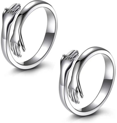 NEERAJYOTII Pack of 2 Special For Couple Silver Plated Friendship Loved Ones Hug Ring Stainless Steel Ring