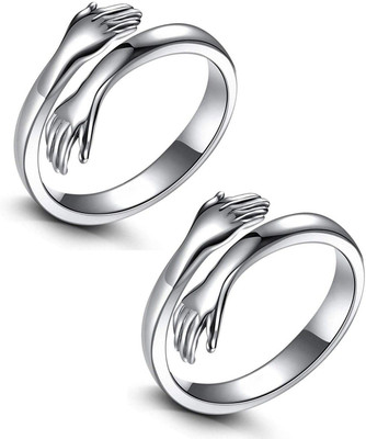 Inori (Set Of 2 Pcs) Silver Love Forever Valentine's Day Hand Hug Me Thumb Finger Ring Metal Silver Plated Ring