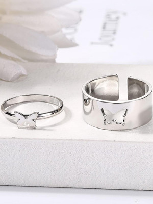 Dressberry Silver Butterfly Couple Ring Matching Wrap Finger Ring For Women And Girls Alloy Silver Plated Ring Set