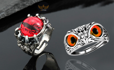 Syfer Owl Ring & Dragon/Devil Eye Ring (Combo-Adjustable) Trending Fashion Ring Stainless Steel Silver Plated Ring
