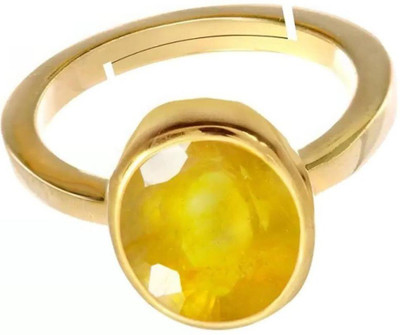 EVERYTHING GEMS 9.00 Ratti 8.00 Carat Natural Yellow Sapphire Pukhraj Gemstone {Lab Certified} Brass Sapphire Gold Plated Ring