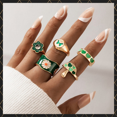 Vembley 5 Pcs Green Flower Heart Butterfly Mushroom Ring Set Alloy Gold Plated Ring Set
