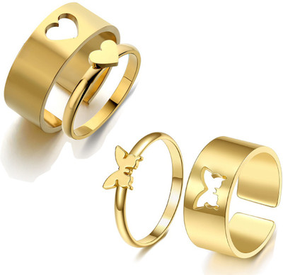 AVR JEWELS AVR JEWELS Combo of 2 Gold Plated Butterfly and Heart Couple Rings Stainless Steel Gold Plated Ring