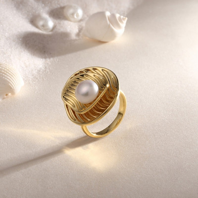 Cierra Oval Shape 18KT Gold Plated Adjustable Pearl Finger Ring For Women and Girls Brass Pearl Gold Plated Ring