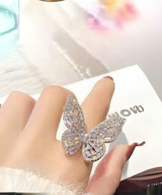 MASHBA Adjustable American Diamond Silver Butterfly Ring For women And Girls Alloy Zircon Silver Plated Ring