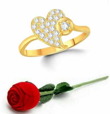 VIGHNAHARTA Valentine Heart Alloy Ring with Red Rose Ring Box for Women and Girls Brass Cubic Zirconia Gold Plated Ring Set