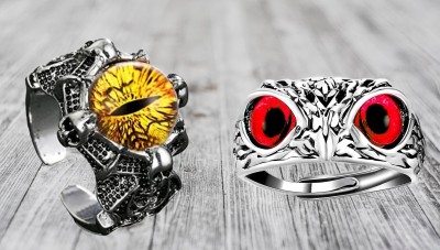 Sunshine Creations (Set of 2 Pcs) 3D Crystal Dragon Eye & Cute Owl Ring Combo For Bikers Riders Stainless Steel Silver Plated Ring